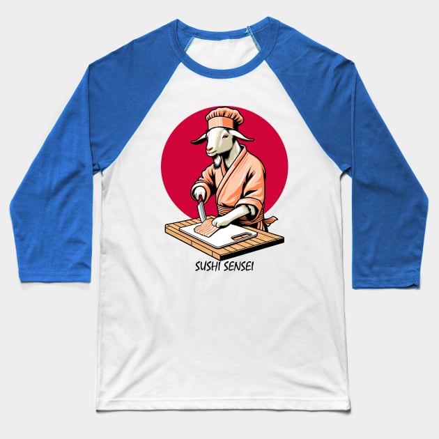 Sushi Master Goat - Retro Japanese Chef Cartoon Baseball T-Shirt by TimeWarpWildlife